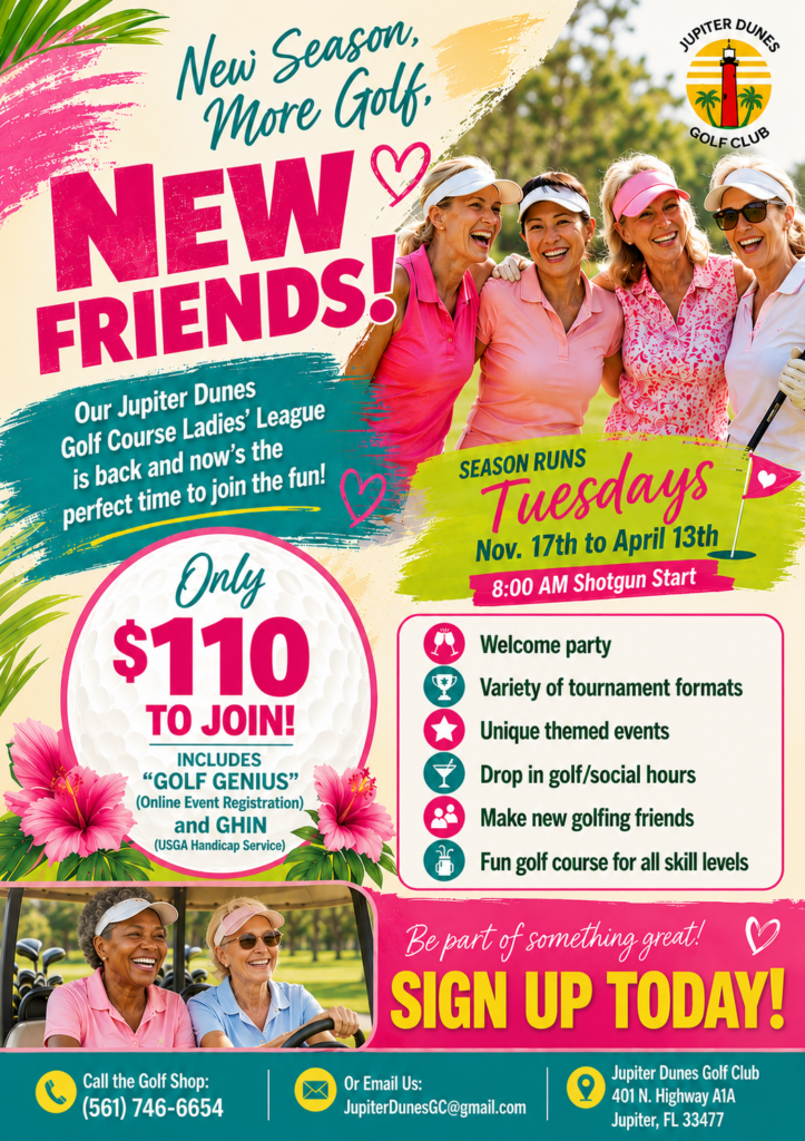 Jupiter Dunes Ladies League Flyer with price of $110 to join.